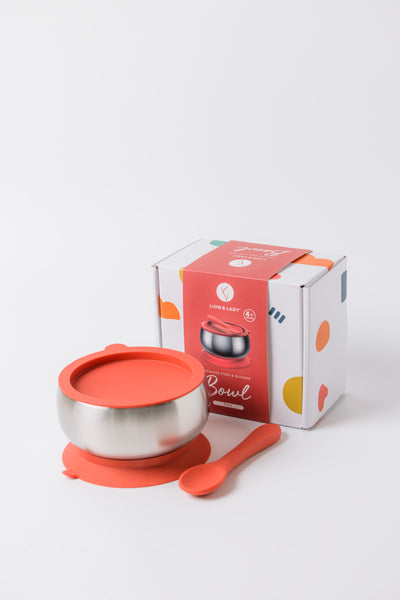 Stainless Steel Feeding Bowl with silicone suction base, airtight lid and spoon