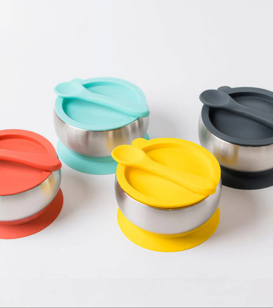 Stainless Steel Feeding Bowl with silicone suction base, airtight lid and spoon